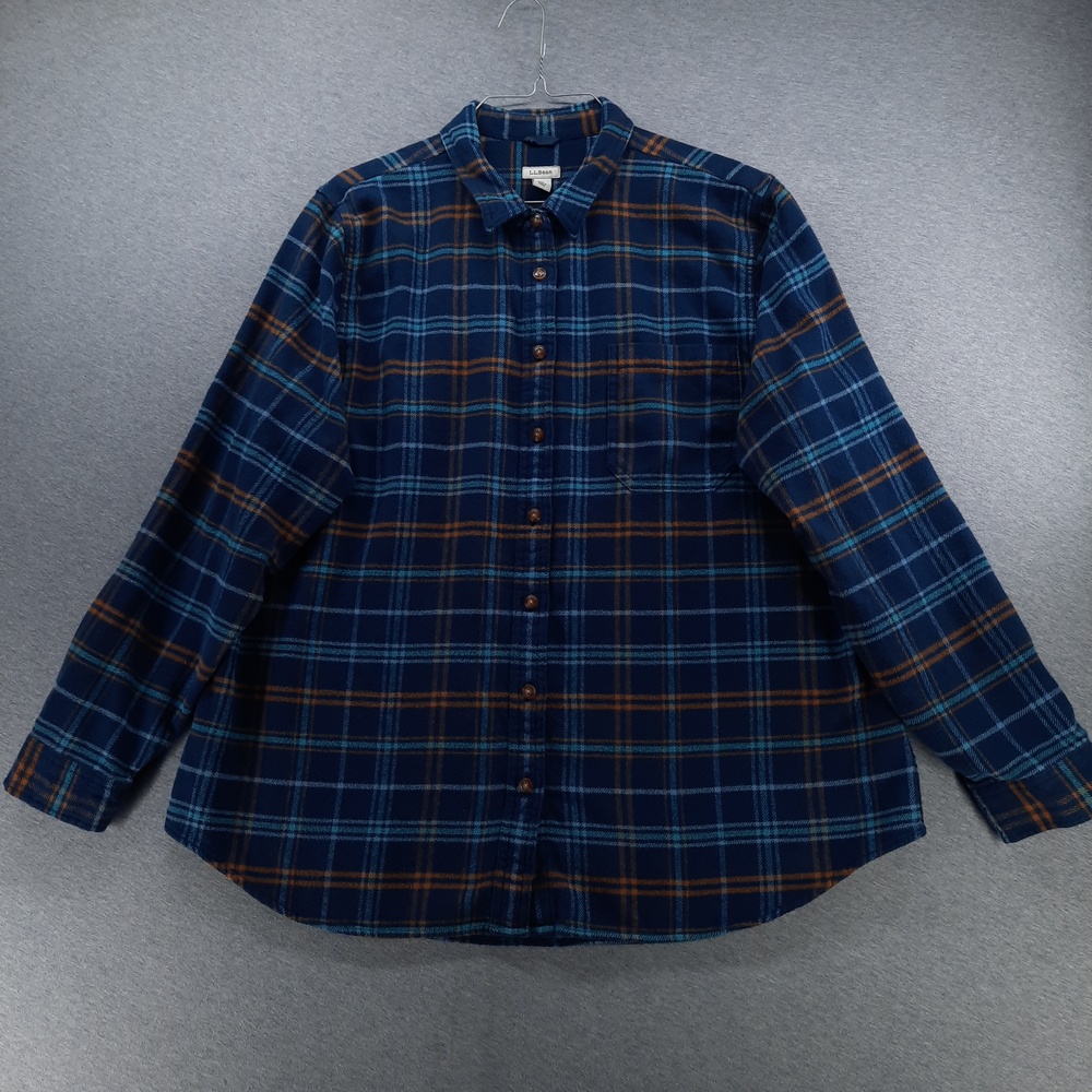 L.L.Bean Shirt Womens XL Blue Plaid Flannel Button Front Organic Cotton Casual